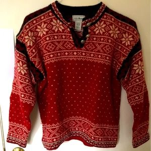 L.L. Bean snowflake sweater, red, white, black, wool, M